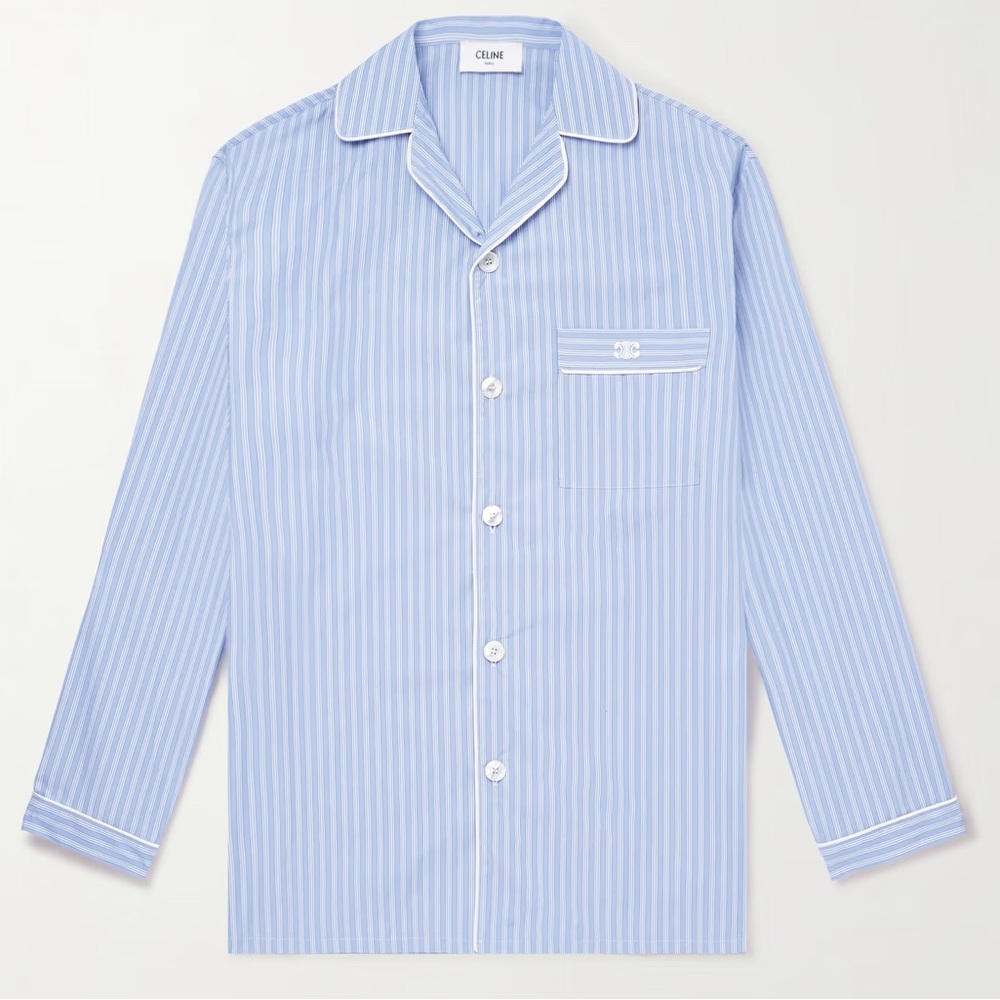 Celine Triomphe Logo Chemise Pyjama Oversized Bleu Stripe Button Down Top